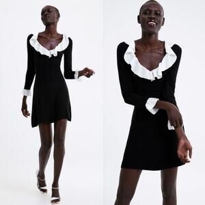 New Zara Black Knit Ruffle Neck Dress